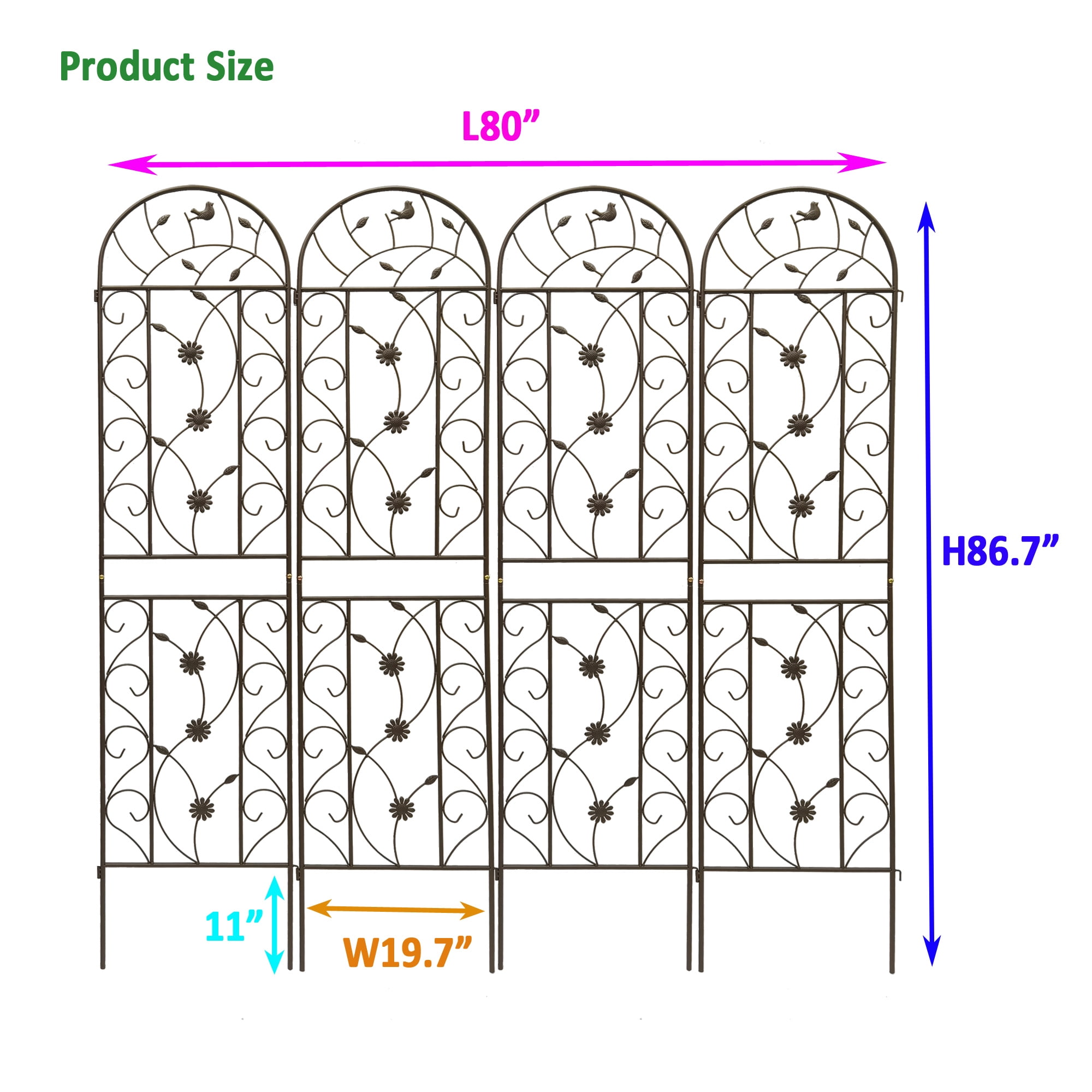 4 Pack Metal Garden Trellis 86.7" x 19.7" Rustproof Trellis for Climbing Plants Outdoor Flower Support Brown