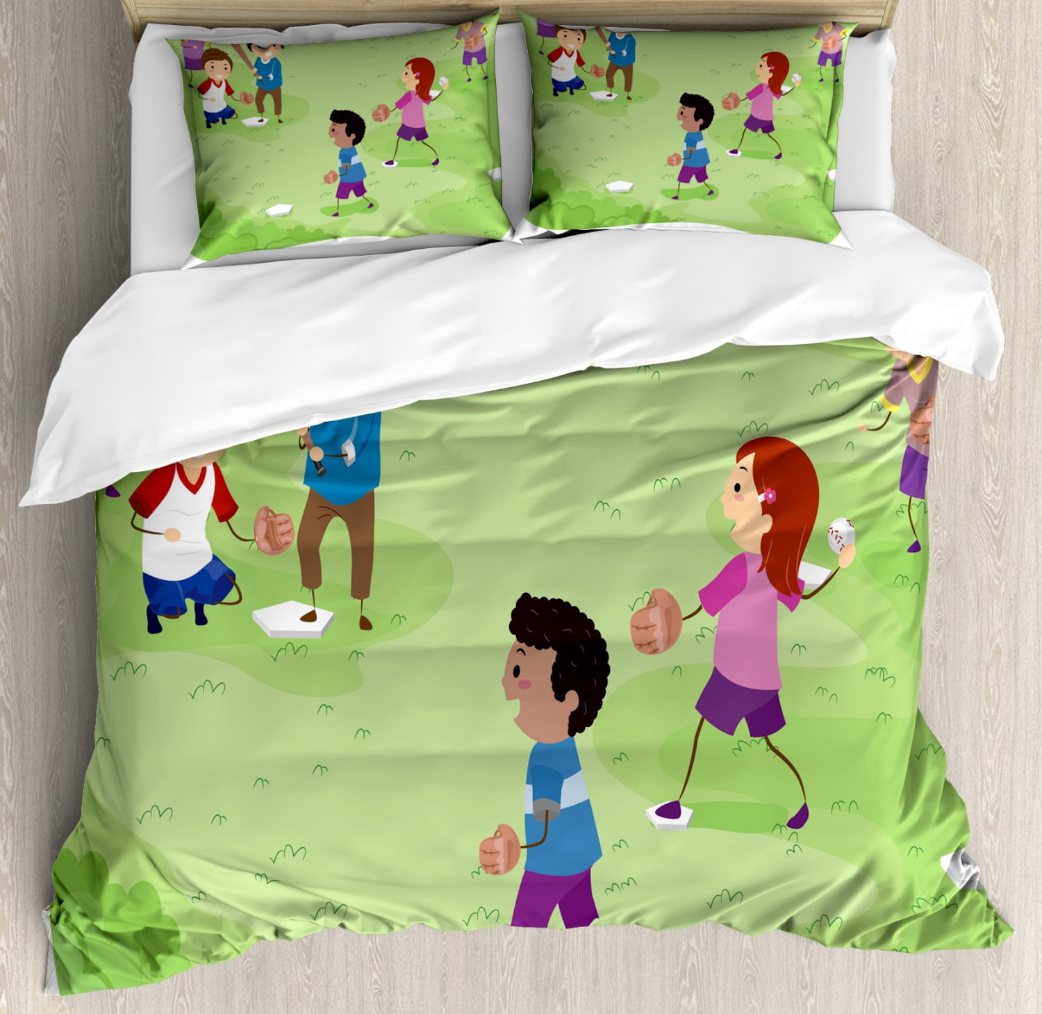 Kids Sports Queen Size Duvet Cover Set, Friends at Backyard Playing
