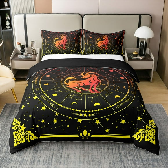 YST Sun And Moon Duvet Cover,Twelve Constellation Sign Bedding Set,Gradient Red Yellow Unicorn Capricom Comforter Cover,Astrology Night Moon Quilt Cover,Soft Warm King Size 3Pcs