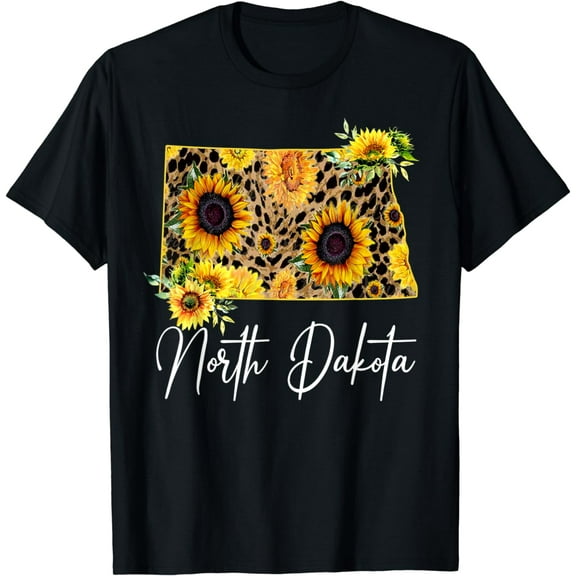 North Dakota Sunflower Leopard State Map T-Shirt