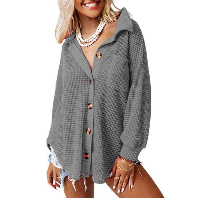 Camisa con botones de punto tipo gofre, manga larga, diseño de bolsillo, dobladillo irregular con arco, blusa holgada de gran tamaño para primavera y otoño, gris M