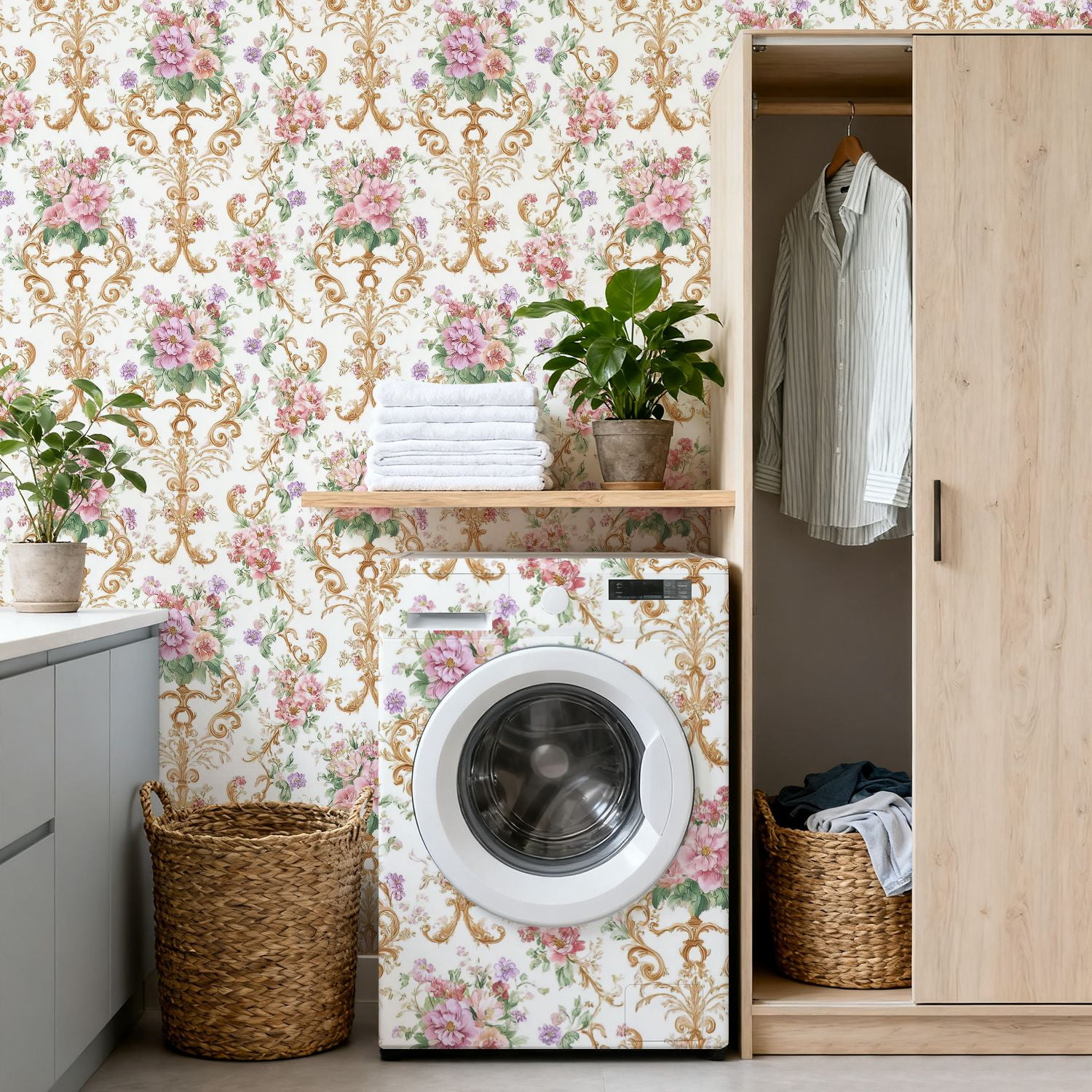 Peel and Stick Wallpaper Vintage Floral Damask Pink Purple Flowers Soft White Wall Mural 17.7in x 9.8ft Self Adhesive Removable Wall Paper Renter Friendly Wallpaper for Nursery Bedroom Cabinets