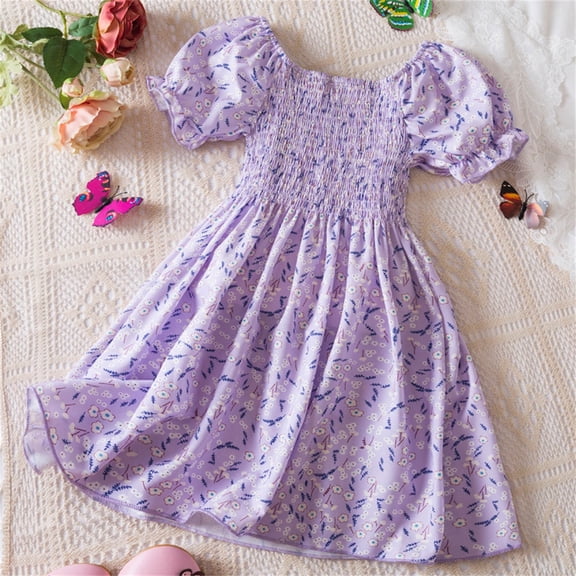 Swuxness Girls Dresses Print Sleeveless Puff Sleeve Elastic Waist Mesh Princess Gown Crew Neck