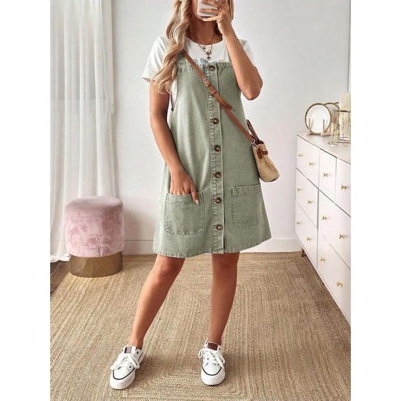Womens Green Denim Pinafore Dress, Casual Front Button A-Line Overall