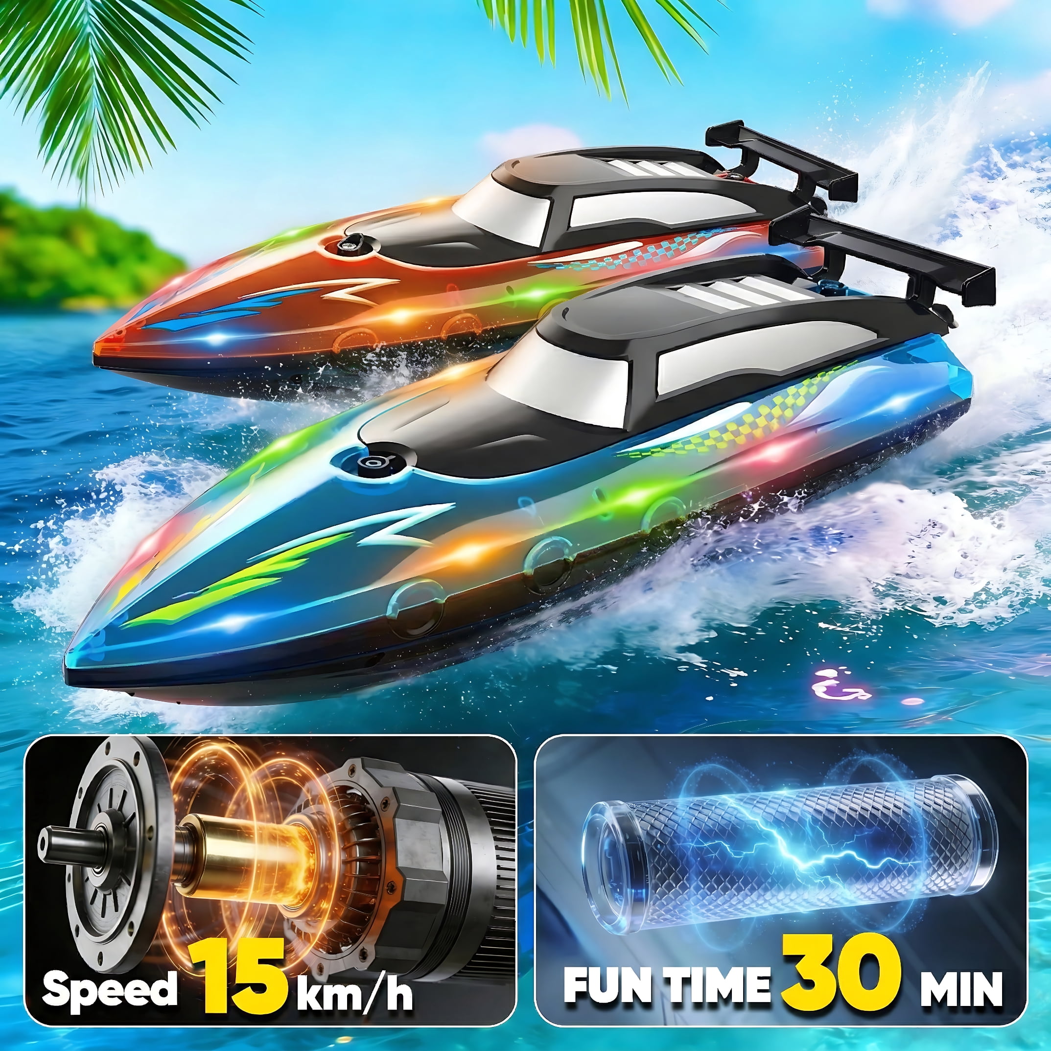 Tigozz 2-Pack RC Boats for Kids and Adults, High Speed Remote Control Watercraft with LED Lights for Pools and Lakes, 2.4GHz Waterproof Speedboat Set