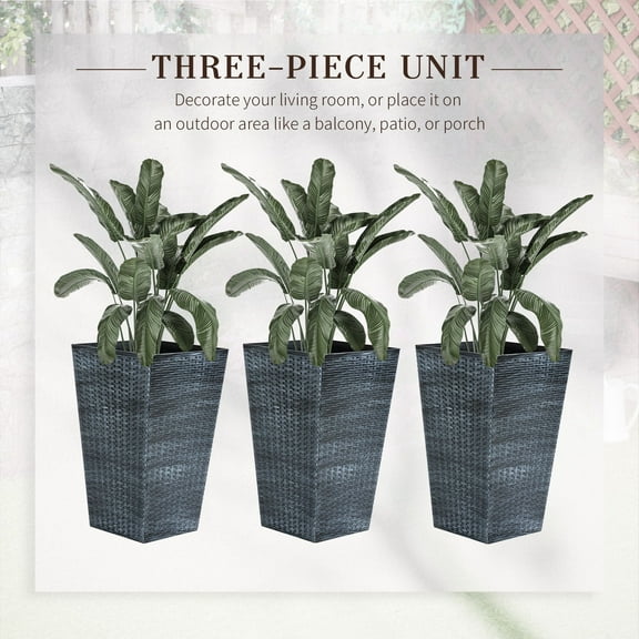 Set of 3 Tall Planters with Drainage Hole, 24" Outdoor Flower Plant Pots, Indoor Planters for Porch, Front Door, Entryway, Patio and Deck, Gray Grey