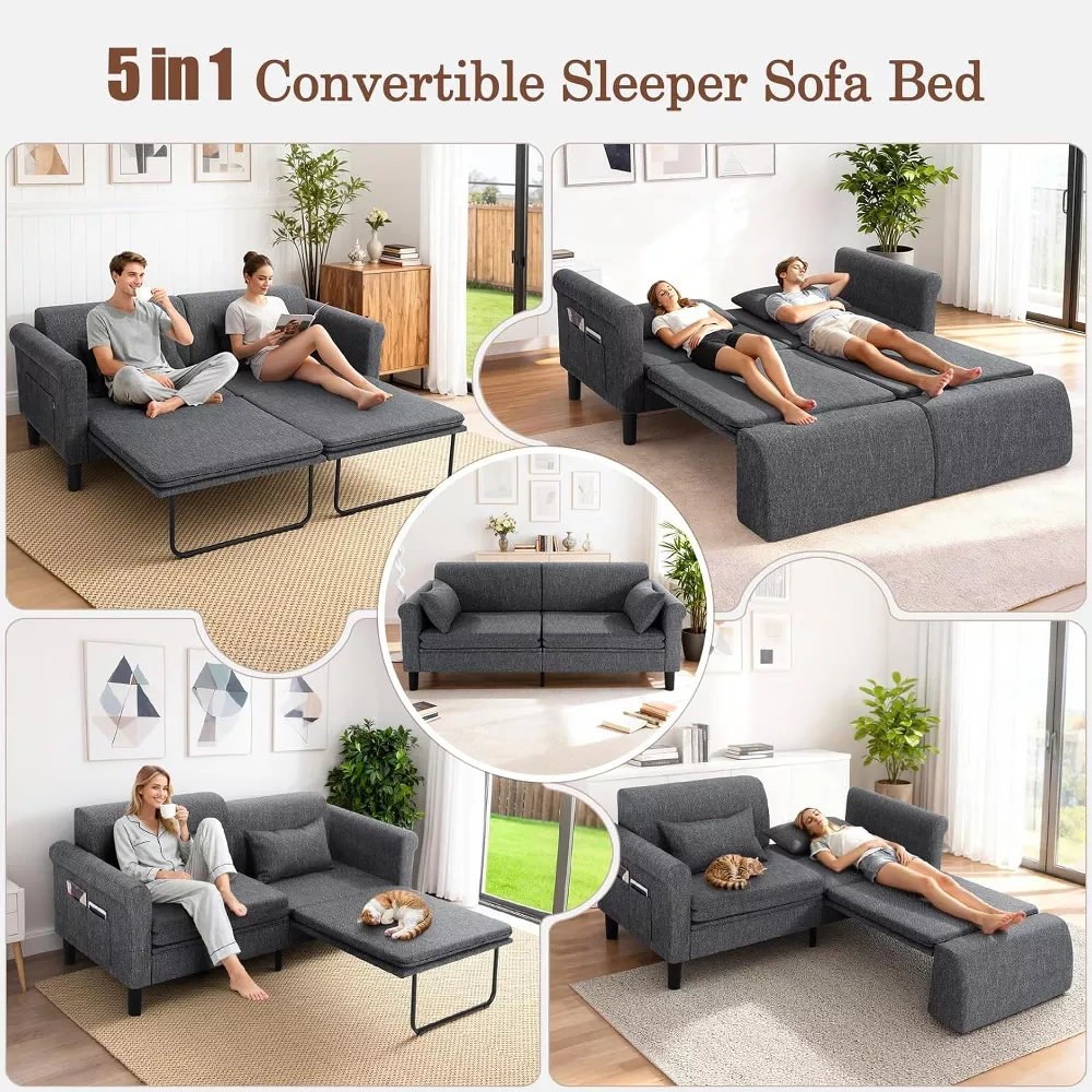 Sailvan 74" 5-in-1 Convertible Sofa Bed, Pull Out Sleeper Couch with Storage & 2 Pillows, Luxury Linen Loveseat for Studios