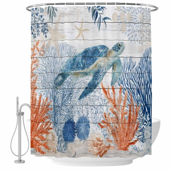 Small Stall Shower Curtain 36x78 Inch Narrow Half Size Sea Turtle Coastal Bath Curtains Bathroom Decor, Blue Red Summer Beach Coral Nautical Wood Waterproof Shower Curtain Set with Hooks 36 Inch