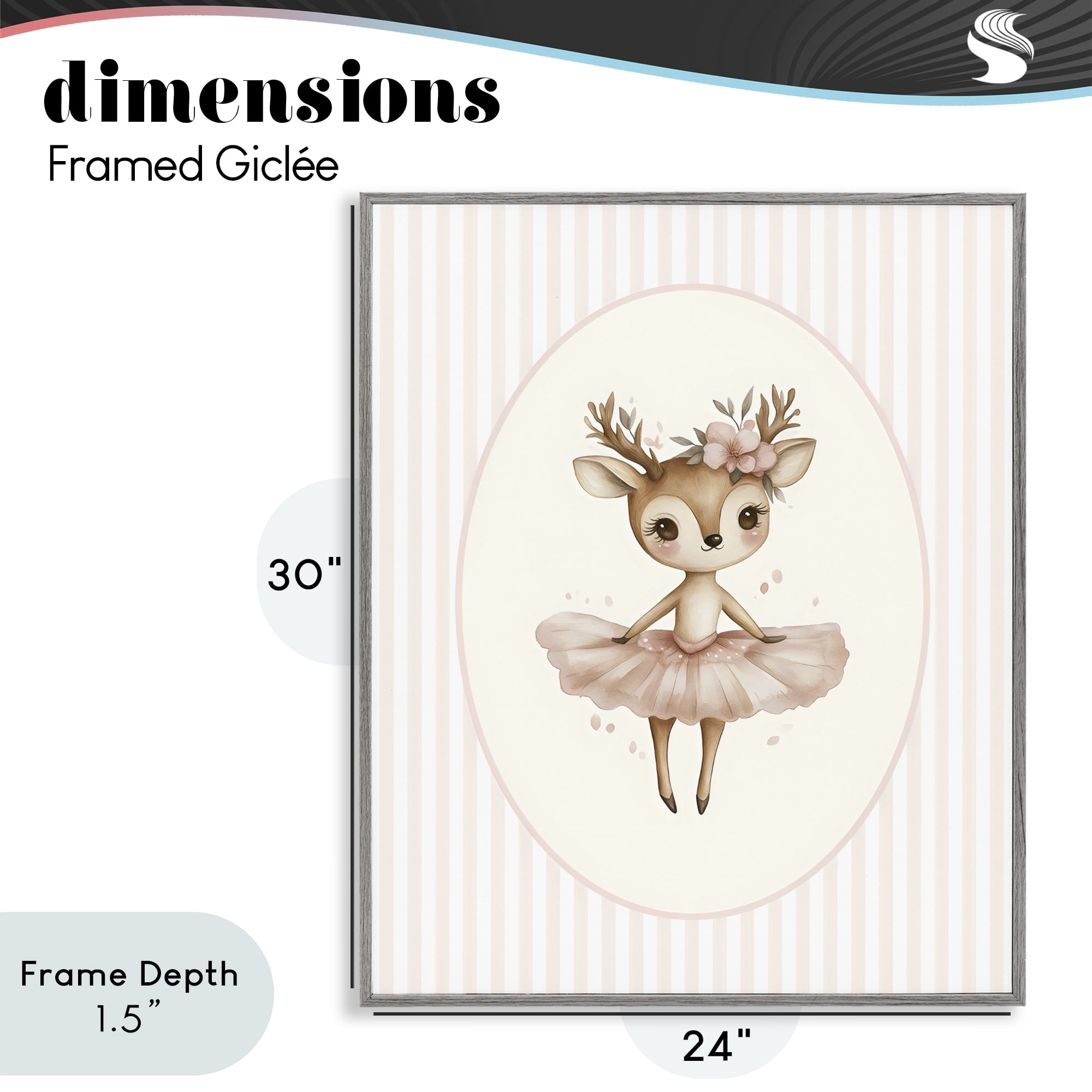 Stupell Industries Nursery Ballerina Deer Striped Gray Framed Giclee Art, design by LSR Design Studio