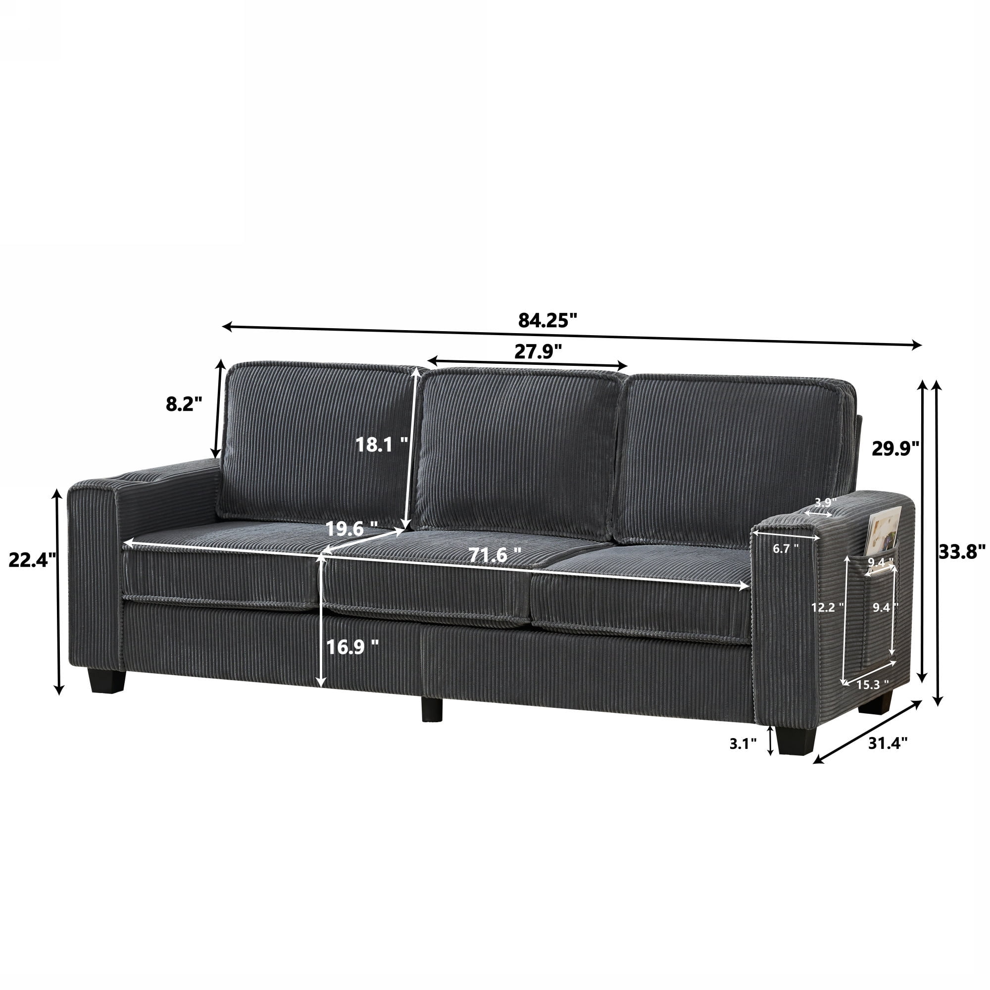Sofa, 3-Seater Couch, Corduroy Sofa&nbsp;with Dual-Layer Cushion (Sponge + Spring Packs), Built-in Cup Holders and Storage Pockets, Modern Compact Design, Gray