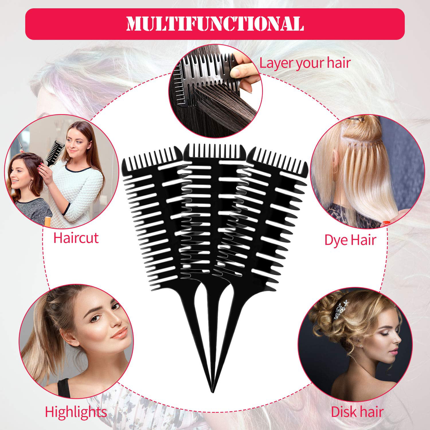 2pcs Hair Coloring Comb 3-way Sectioning Highlight Comb Professional Weave Weaving  Comb
