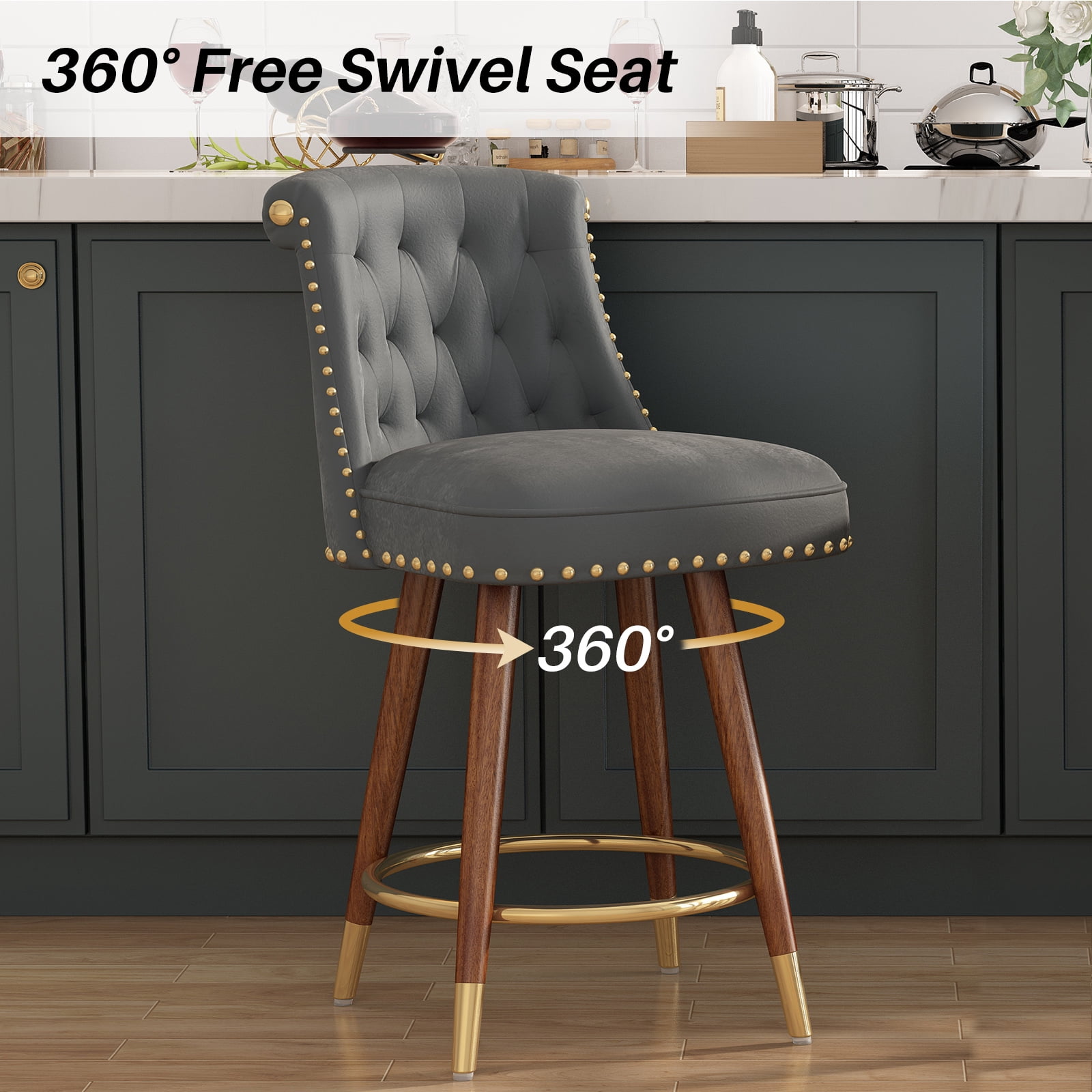 HomeZeer 24" Counter Height Bar Stools, Swivel Low Back Kitchen Barstool, Velvet Upholstered Square Seat Bar Chair with Wood Legs, Grey (Set of 2)
