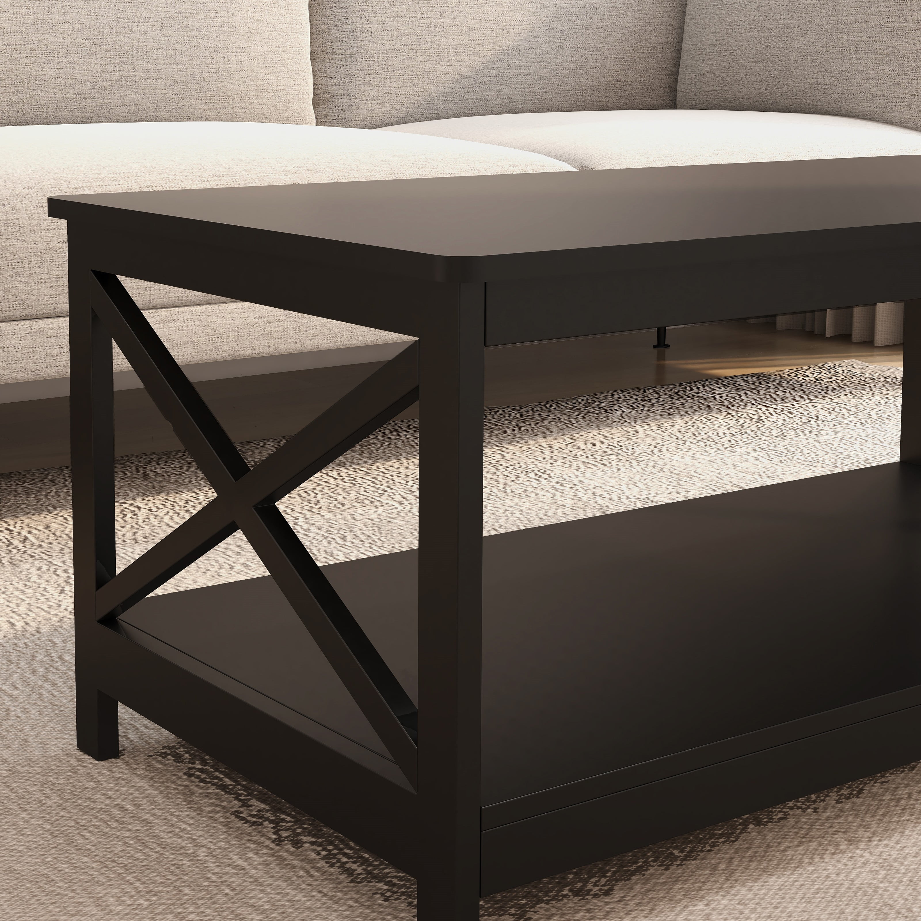 Black Coffee Table, Rustic Vintage Table with Shelf for Living