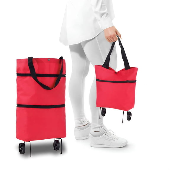 GASTROPOD Portable Shopping Trolley Bag with Wheels Foldable Cart Rolling Grocery Handbag Red