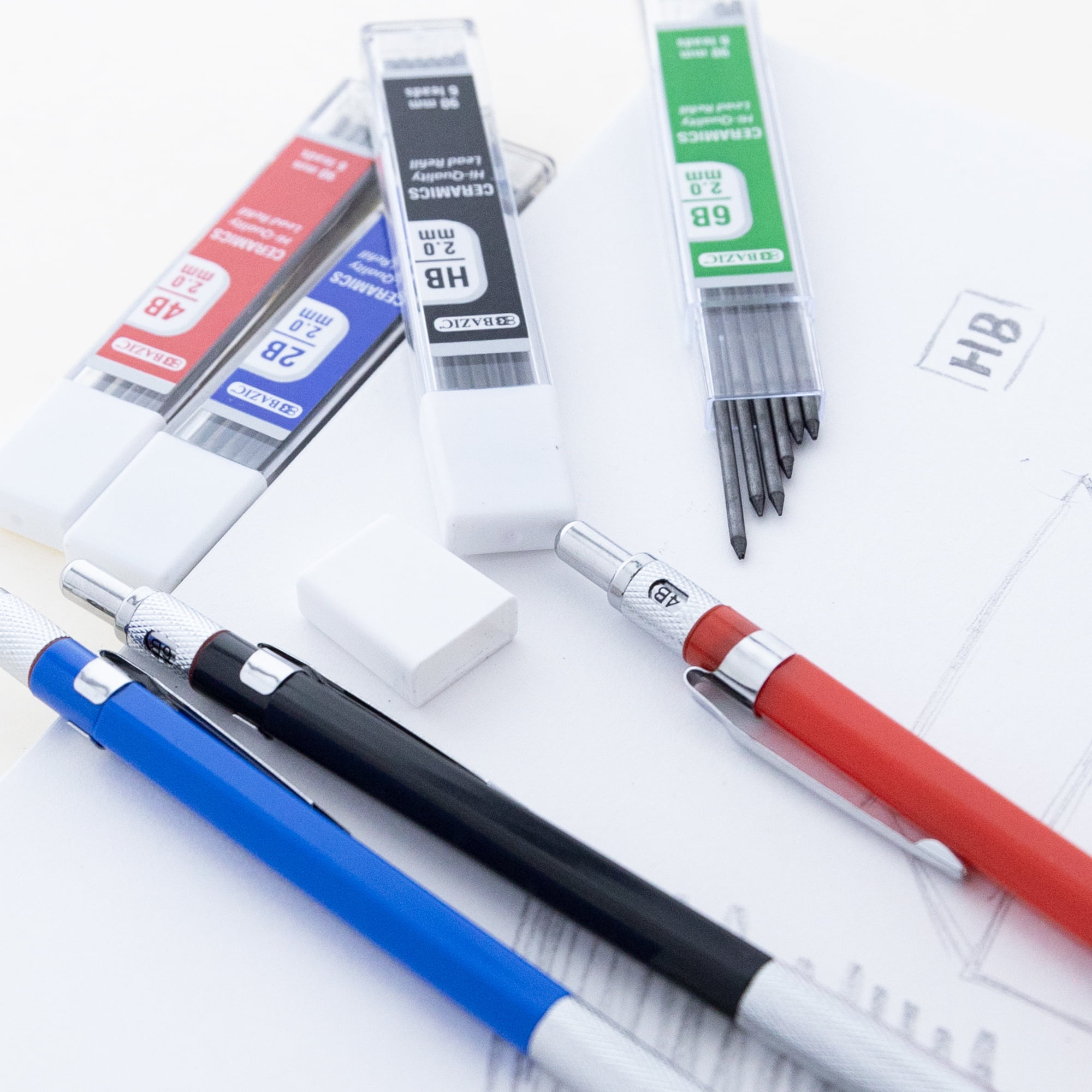 BAZIC 2.0mm Mechanical Lead Pencil with 4 Ceramic Lead Refills, HB 2B 4B 6B Lead, 12-Packs