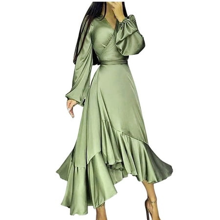 

Women s Fall Long Sleeves Midi Dress Casual V-Neck Lantern Long Sleeve Irregular Ruffle Hem Flowy Party Night Dress Tie High Waist Solid Color Party Cocktail Prom Dresses