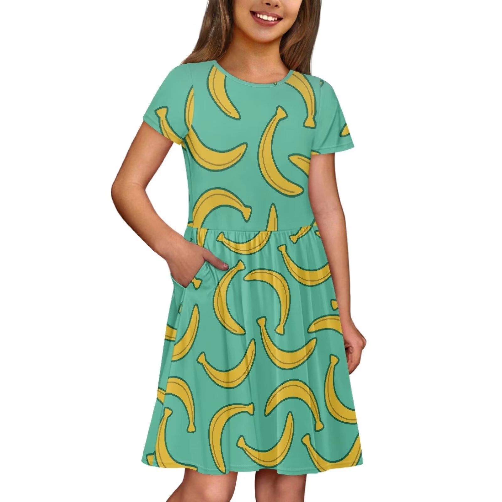 Uourmeti Bananas Kids Short Sleeve Dress Girls Summer Crew Neck Swing Dresses Trendy Knee Length A-Line Dress with Pockets for School Beach