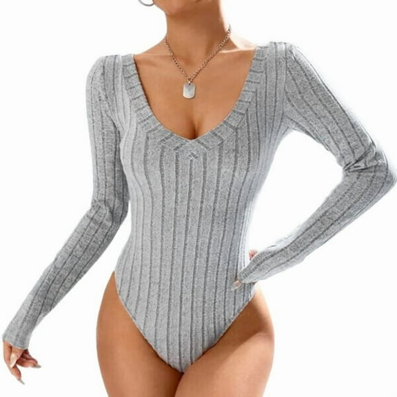 Womens V Neck Bodysuit Basic Ribbed Long Sleeve Jumpsuits Tops for Women Fall Tops Grey XL
