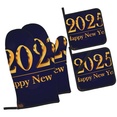 

Haiem 2025 Happy New Year 3 Print Extra Long Oven Mitts and Pot Holders 4pc Sets: Heat Resistant Silicone Oven Mittens with Mini Oven Gloves and Hot Pads Potholders