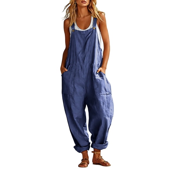 QIYAGBSA Cotton Linen Jumpsuits for Women Sleeveless Overall Button Strap with Patch Pockets Soft Loose Fit Summer Casual Beach Vacation