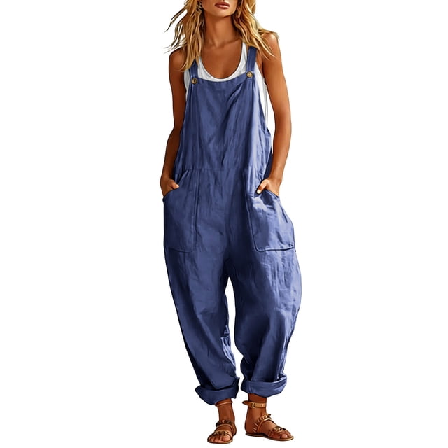 SZJXBUY Combinaison Ajustée en Cuir pour Femmes Chic Décontractée Coton Lin Longues Combinaisons Ample Jambe Grand Sans Manches Bretelle Ajustable Salopette Ample Combishort avec Poches Bleu Marine,P
