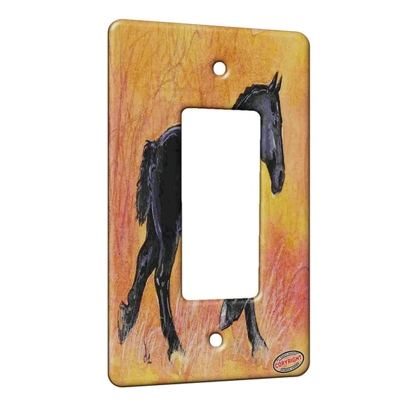 KuzmarK™ 1 Gang Rocker Wall Plate - Black Percheron Draft Horse in Autumn Trotting Horse Art by Denise Every