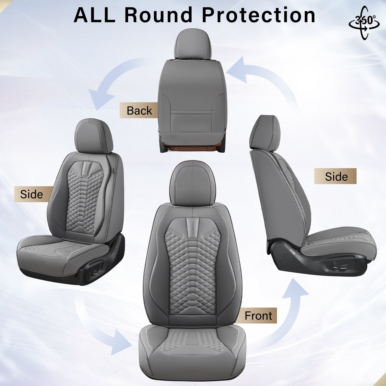 Coverado Gray Car Seat Covers Full Set, Premium Leather Front and Rear Split Bench Cover, Automotive Seat Protectors Universal Fit for Most Cars, SUVs and Trucks