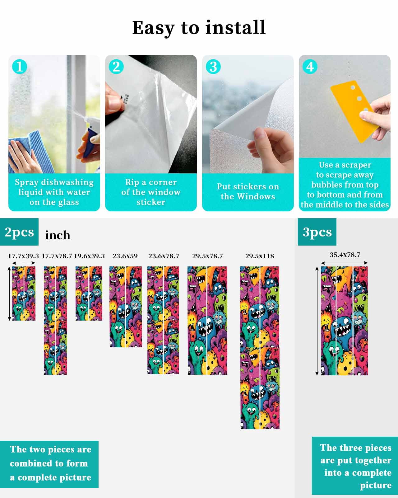 Window Privacy Film Colorful Cute Monsters Stained Glass Window Film Decorative Sun Block Window Cover Abstract Art Modern Window Clings Static Adhesive Sticker for Bathroom 23.6"x59"