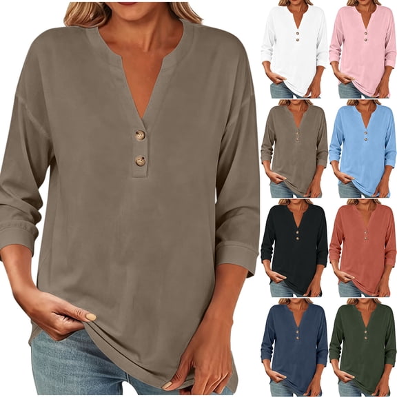 VBVC Women's Cotton Linen 3/4 Sleeve Tunic Top , Ladies' V Neck Henley Pullover Blouse , Soft Comfortable Daily Work Tee For Women, *Khaki , Large