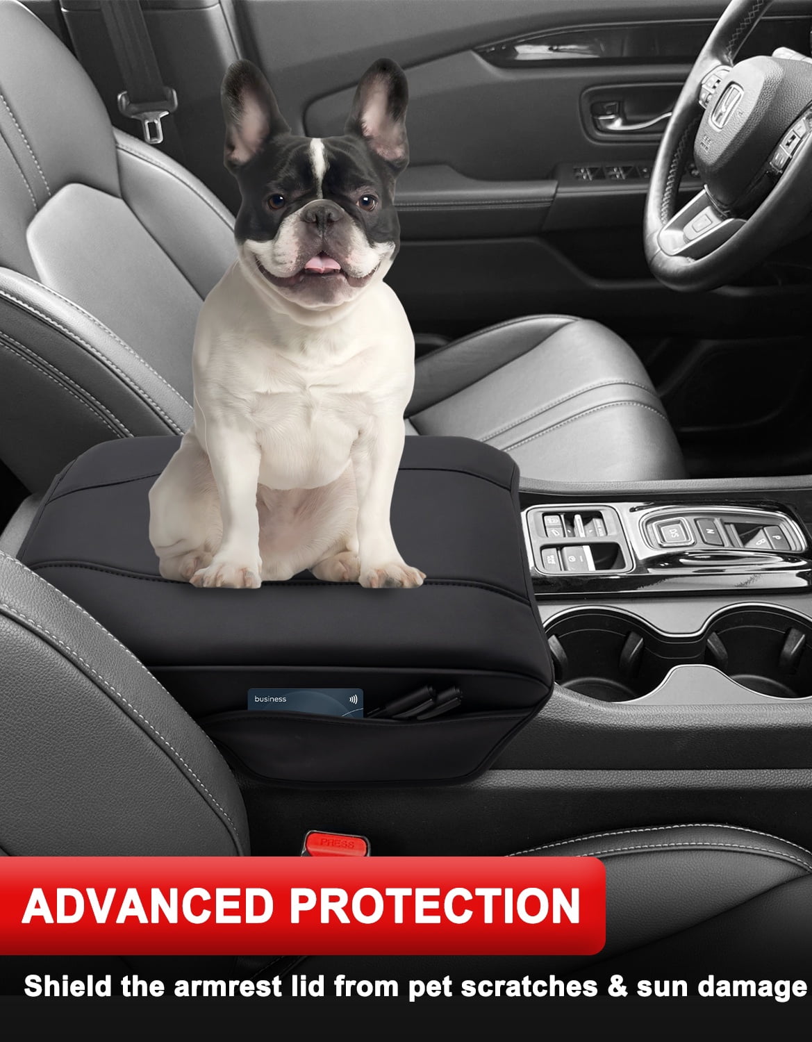 KBH Center Console Cover for 2023-2026 Honda Pilot Accessorie, 2024 2025 2026 Honda Ridgeline/Passport Armrest Cover with Side Pockets, Black Leather Middle Console Lid Protector