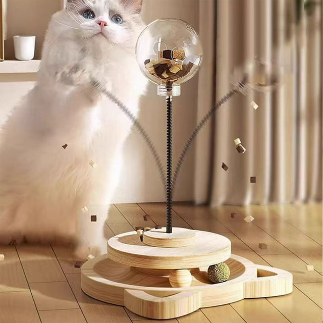 DPTALR Solid Wood Spring Rotating Catnip Ball Set Cats Food Leaking Ball Suitable For Pet Cats Teasing Stick Toy