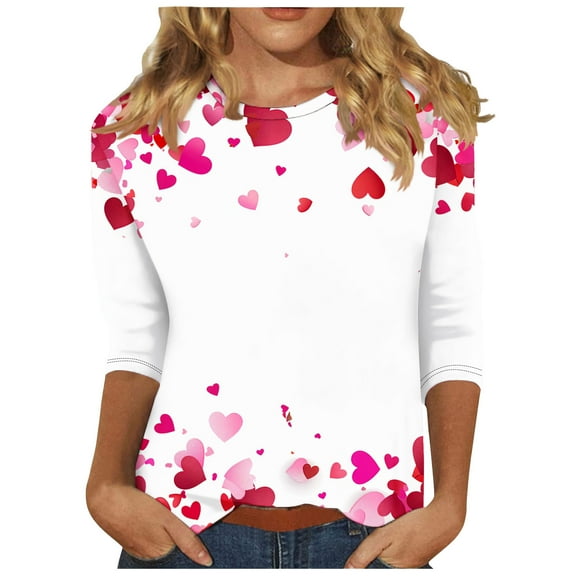 Cute Gradient Heart Tshirts for Womens Valentines Crewneck 3/4 Sleeve Tops Trendy Holiday Basic Tee
