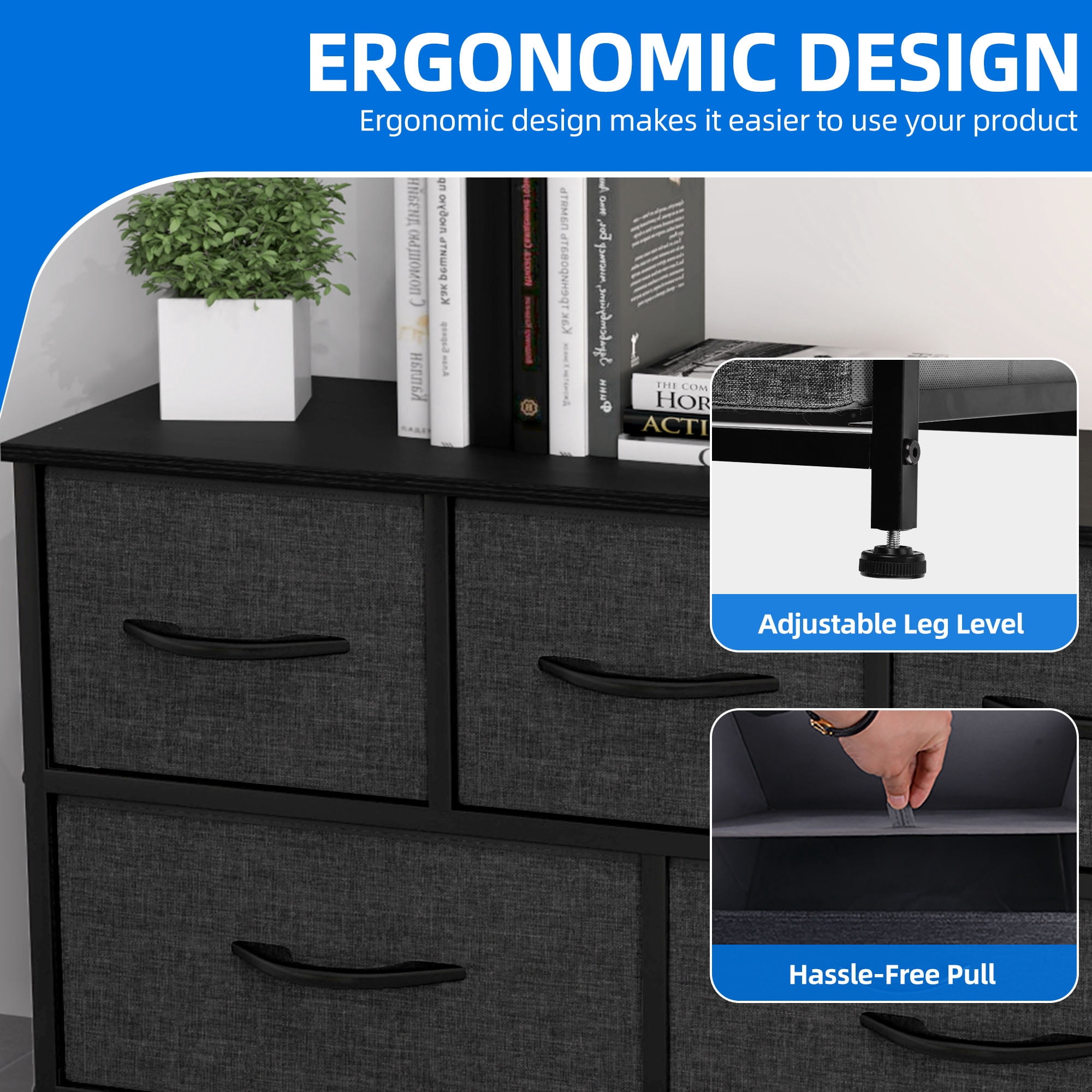 DEXTRUS 5 Drawers Wide Storage Fabric Dresser with Sturdy Steel Frame, Easy Pull Fabric Bins for Living Room, Closets for Adult, Black