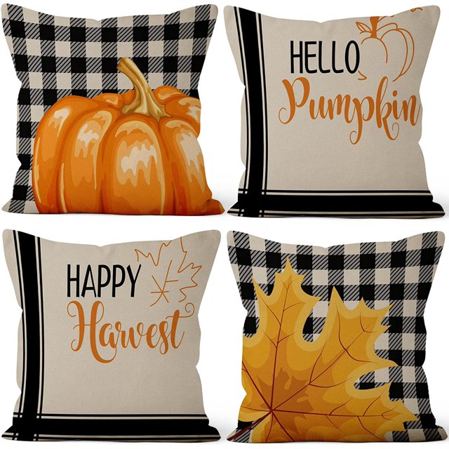 LAICAIW Farmhouse Pillow Covers 18x18 Inch, Hello Pumpkin Maple Leaves Decorative Autumn Pillow Covers Square Cotton Linen Couch Pillow Cases for Home Decor, Set of 4 (No Insert Included)