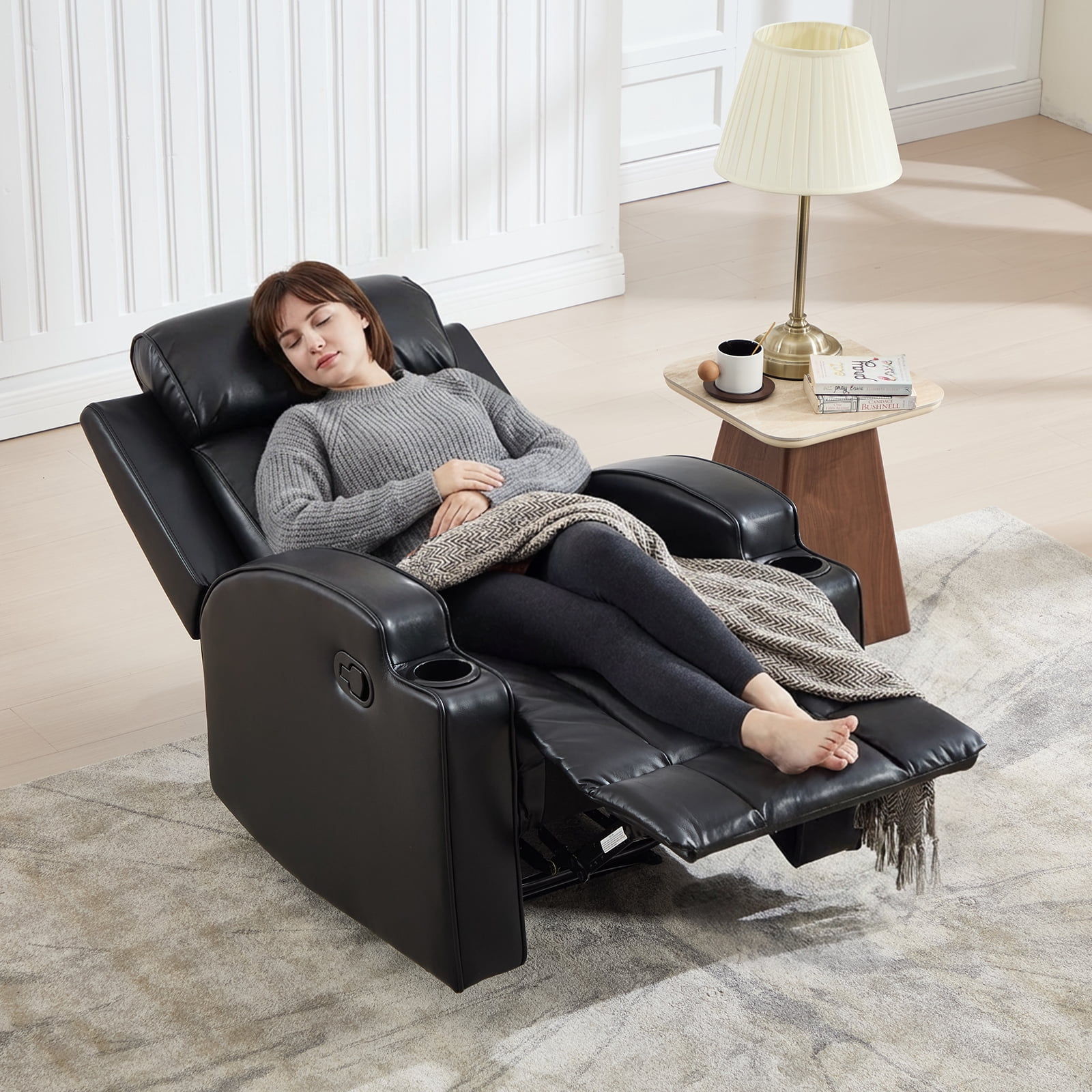 Ebello Manual Reclining Chair, PU Leather Modern Overstuffed Recliner with Cup Holders for Living Room & Home Theater, Black