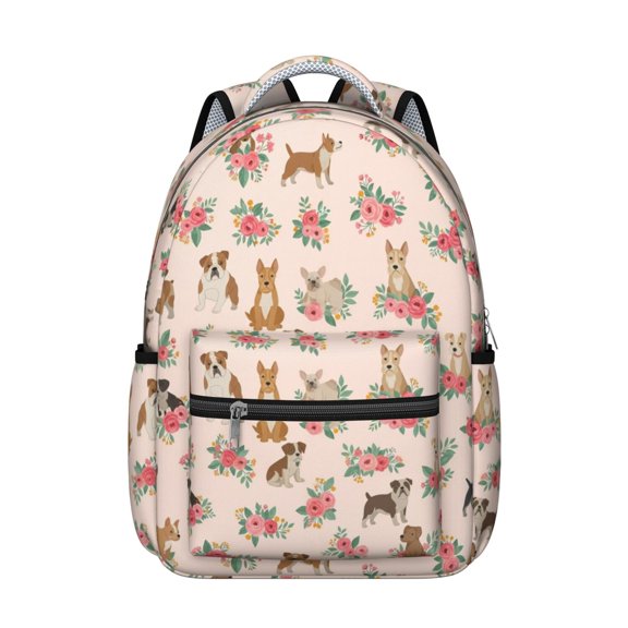 Mixed Breed Dog and Floral Backpack for School, Cute School Bag with Adjustable Shoulder Straps and Padded Back, 15.3"x11"x7.1"