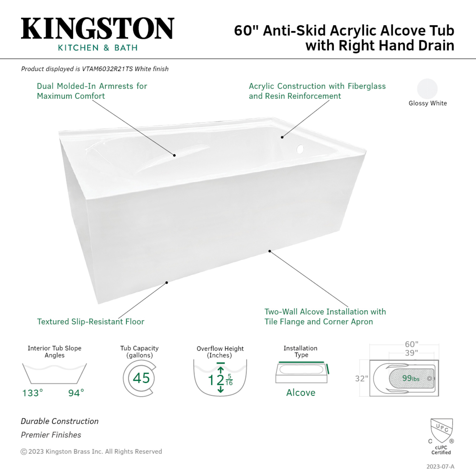 Aqua Eden VTAM6032R21TS 60-Inch Acrylic Rectangular 2-Wall Corner Alcove Tub, Right Hand Drain in Glossy White