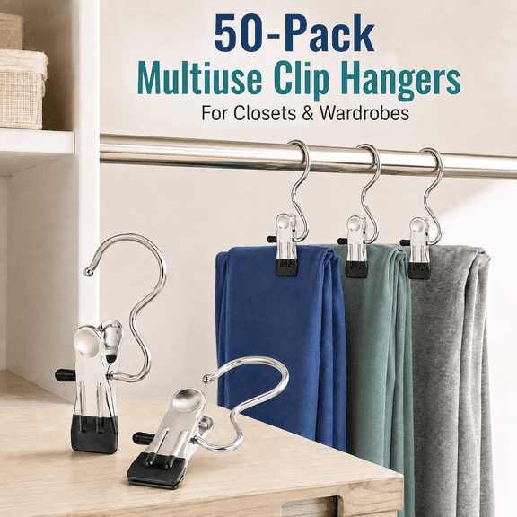 MEYRKLOE 50 Pack Pants Hangers with Clips, Stainless Steel Space Saving Hangers for Jeans, Leggings, Shorts & Skirts, Black Closet Organizer