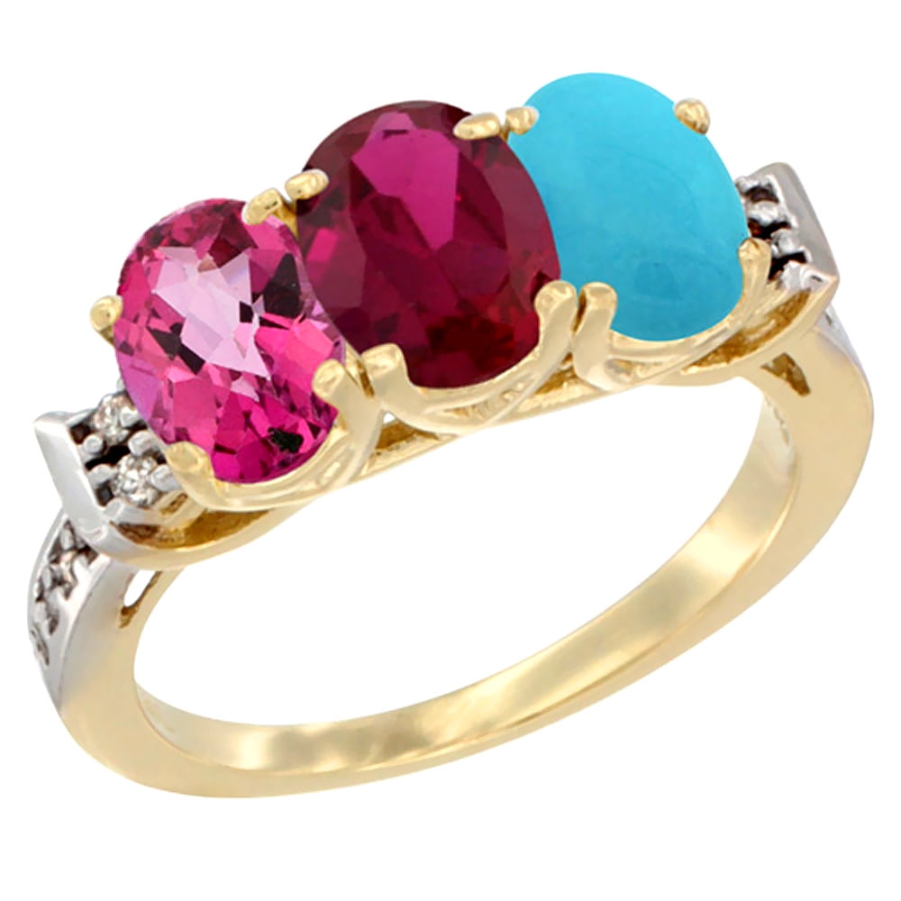 14K Yellow Gold Natural Pink Topaz, Enhanced Ruby & Natural Turquoise Ring 3-Stone Oval 7x5 mm Diamond Accent, sizes 5... by WorldJewels