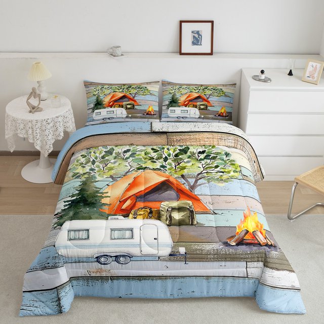 Erosebridal Happy Camping Bedding Sets Queen with Comforter, RV Car Duvet Insert, Rustic Theme Decor, 3pcs