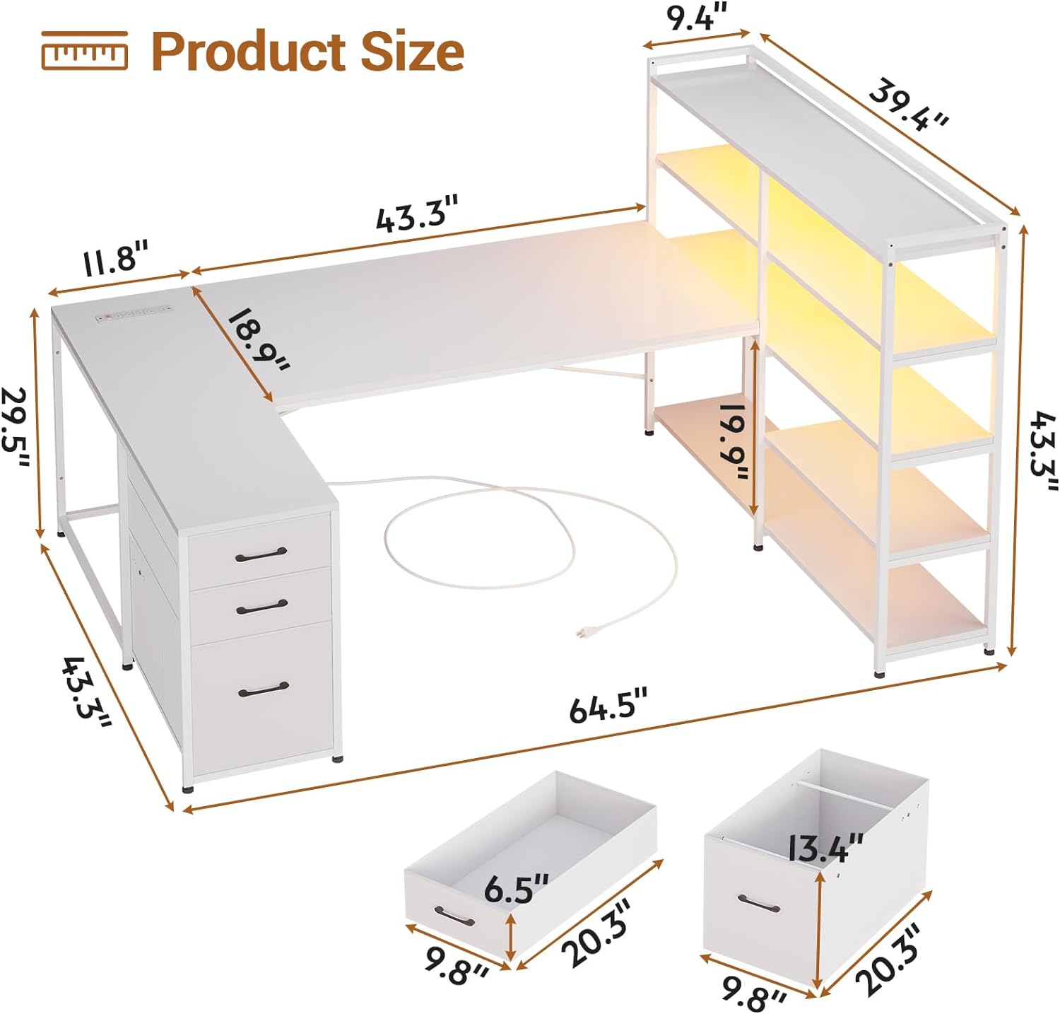 White 64.5" Reversible Office Desk with Fabric File Drawer, Computer Desk with Storage Bookshelf and Drawers, Corner Computer Desk with Power Outlet & LED Strip