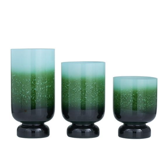 DecMode 3-Slot Green Glass Pillar Hurricane Lamp with Ombre Effect, Set of 3