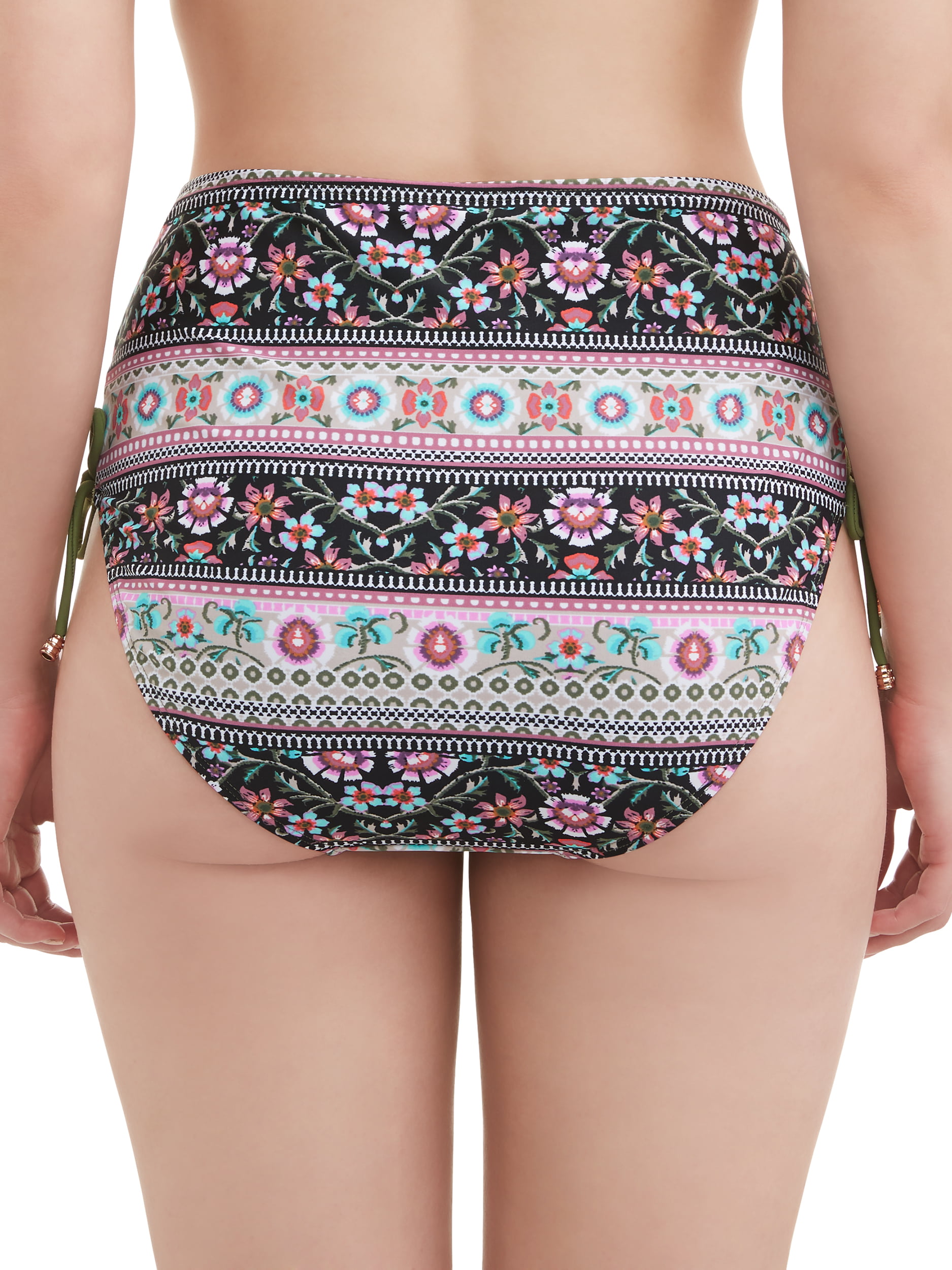 Time and Tru Women's Bohemian Floral High-Waist Swimsuit Bottom Bay Leaf L New