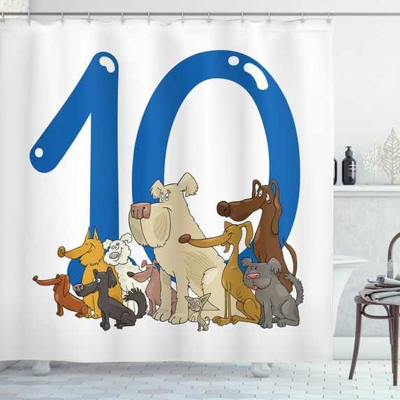 Number Shower Curtain, Group of Street Dogs and Puppies with Ten Together Cute Happy Pets Animals Graphic, Fabric Bathroom Set with Hooks, 69W X 70L Inches, Multicolor, by Ambesonne