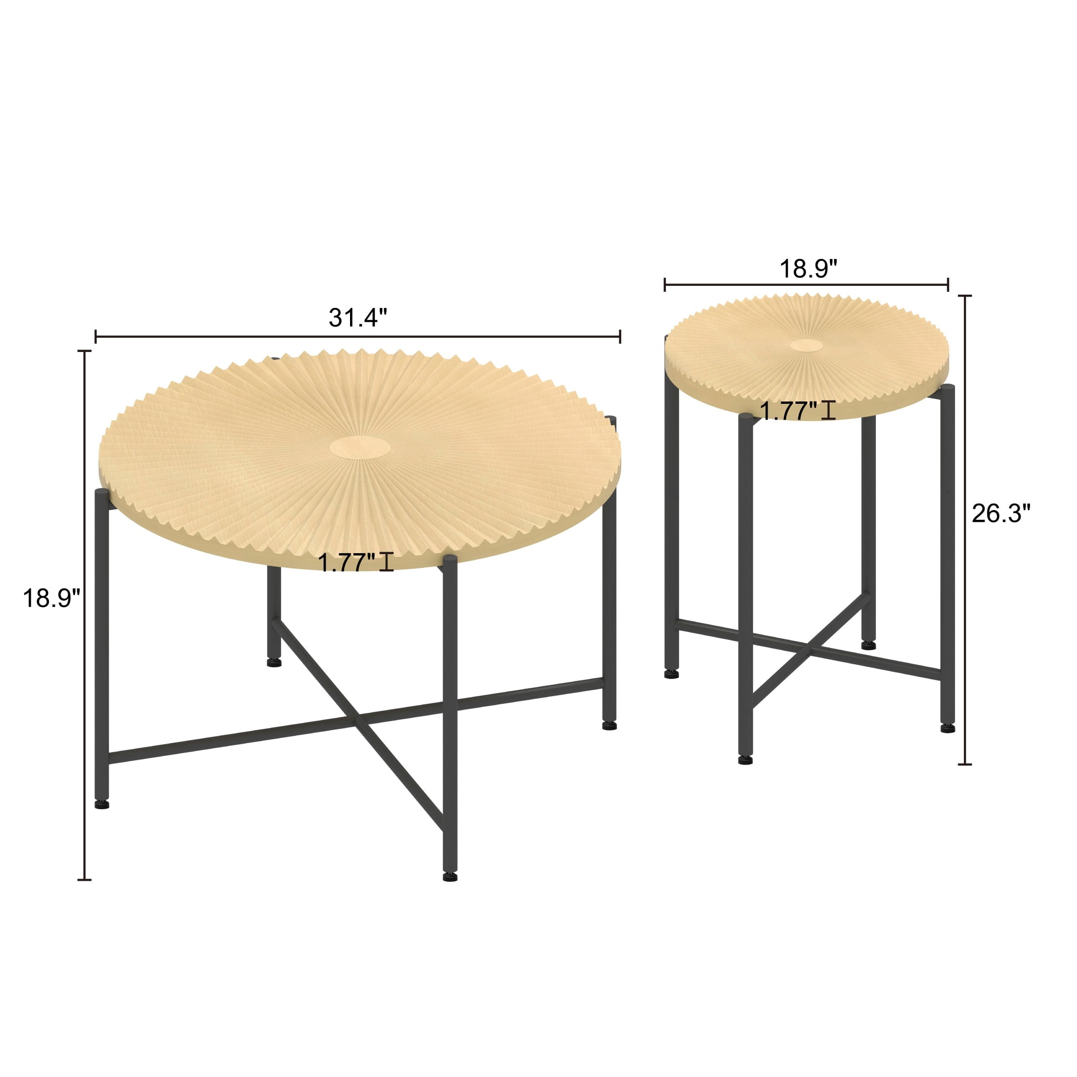 GDF Studio 2-Piece Rustic Coffee and End Table Set, Radial Pattern Tabletops, Black Metal Legs, Natural Oak
