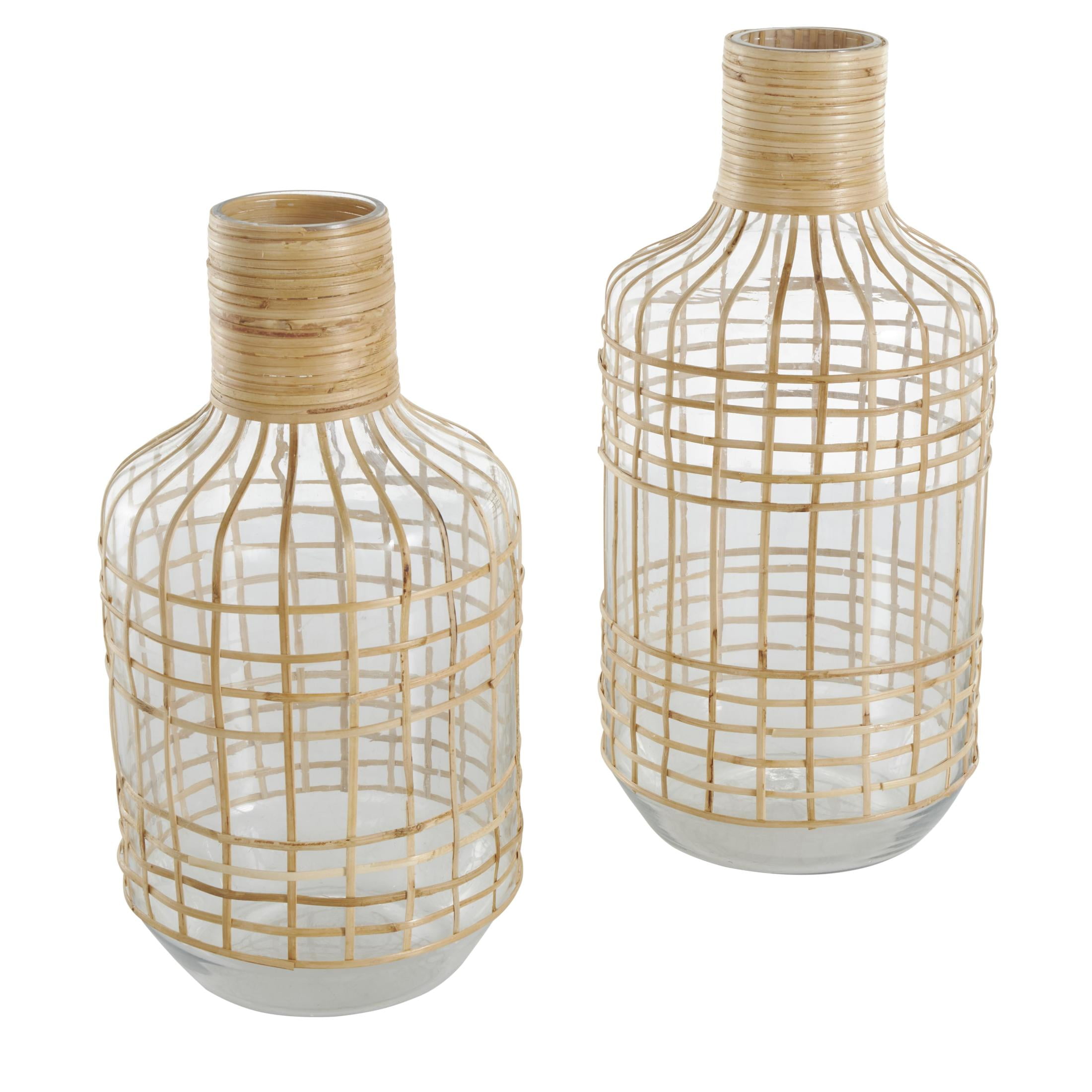 DecMode 15", 13"H Handmade Rattan Wrapped Glass Vase, Set of 2