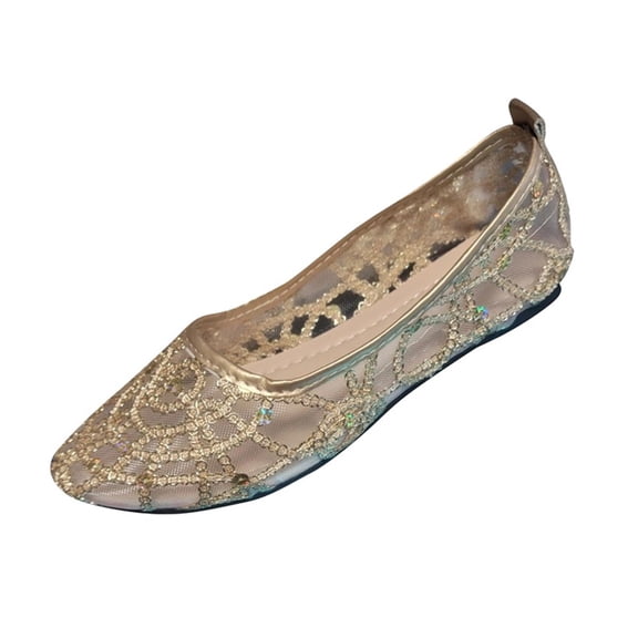 KIJBLAE Women's Mesh Upper Round Toe Ballet Flats, Soft Sole Slip On Casual Moccasin Shoes for Ladies Summer Gold 41