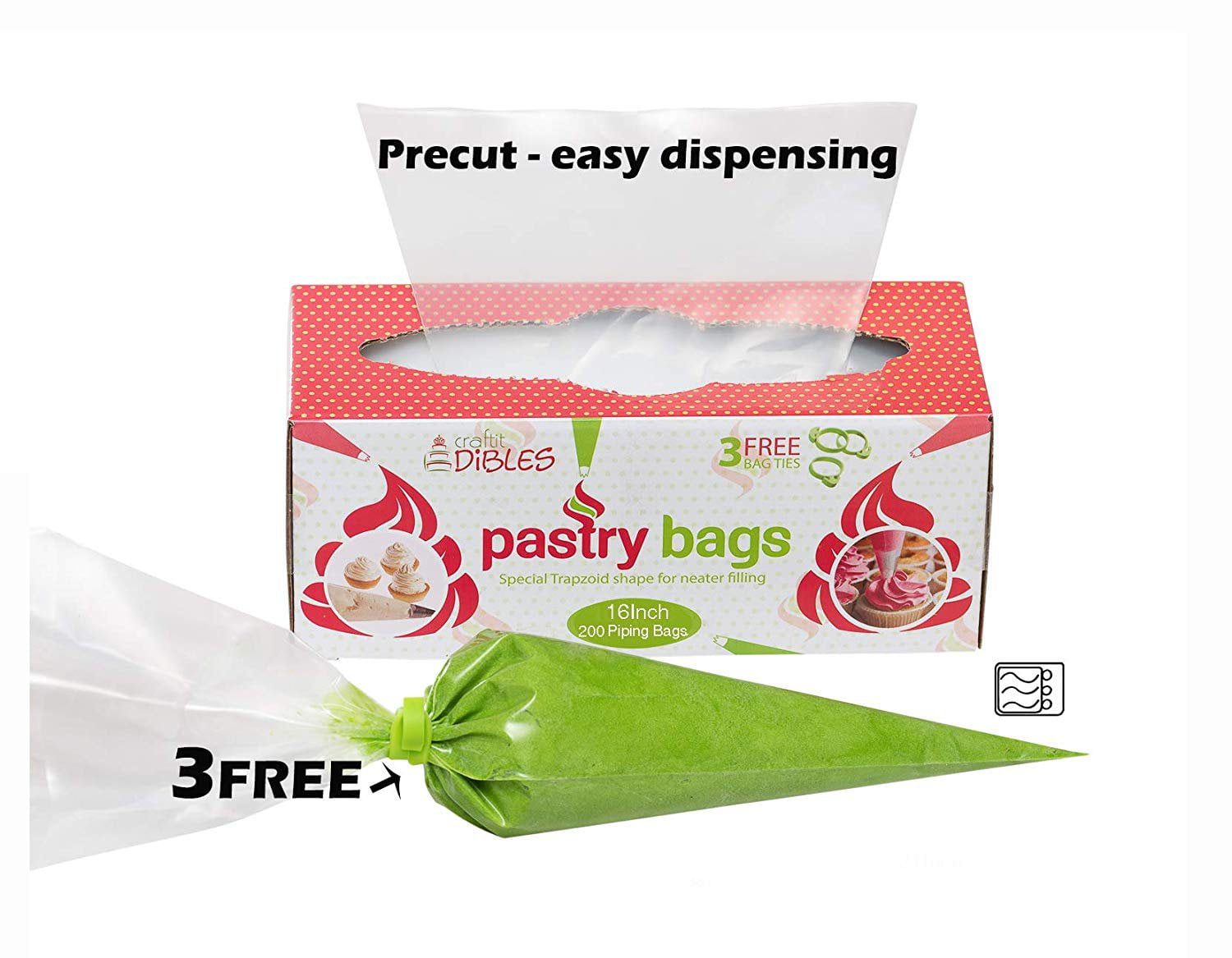 Extra Thick Frosting Bags Microwave safe by CiE Craftit Edibles DB-06 Piping Bags Disposable 200 Pack 16 Inch Cake Decorating Pastry Bag Set in Dispenser box With 3 Free Icing Bag Ties 