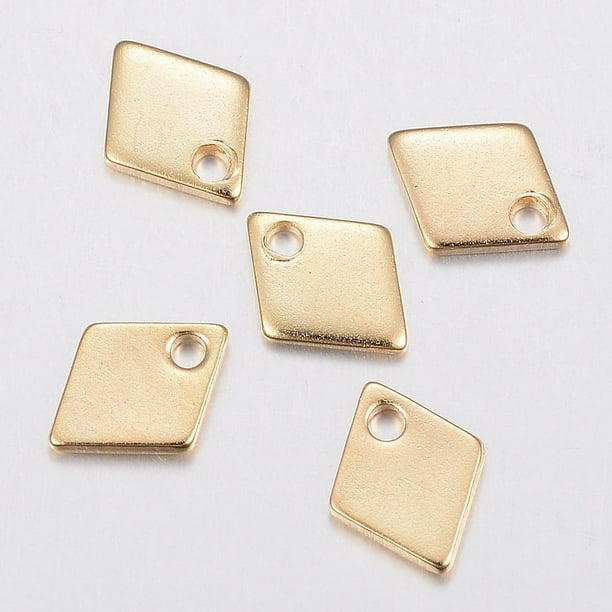 10 dijes de rombo dorados de acero inoxidable 304 para mujer, ideales como regalo elegante para cumpleaños o festivales. Joyería personalizada. Medidas: 9 x 7 x 1 mm. Orificio: 1,2 mm.