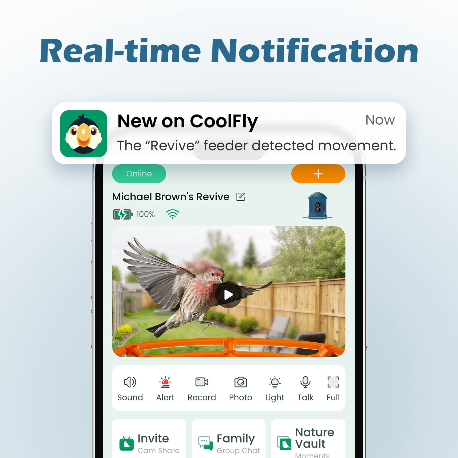 Coolfly x Richbird Wireless Solar Smart Bird Feeder with 2K HD Camera and Free AI Identification, Waterproof Outdoor Bird Watching Camera with Phone App & Two-Way Audio - Deep Blue